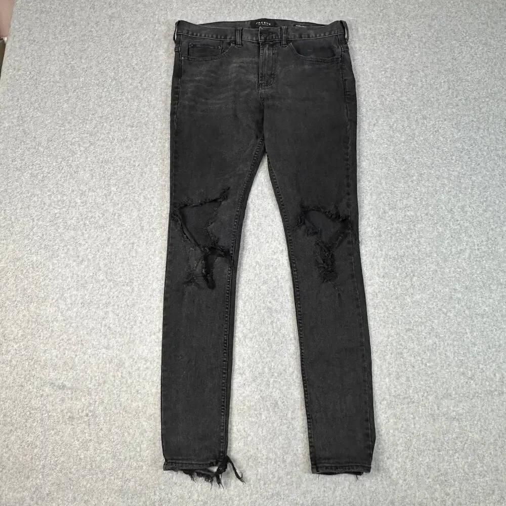 Pacsun Comfort Stretch Stacked Skinny Jeans Men's 32x32 Black Distressed Raw Hem